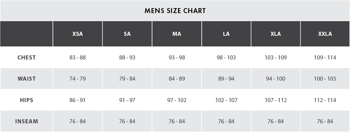 adult mens size chart centimeters