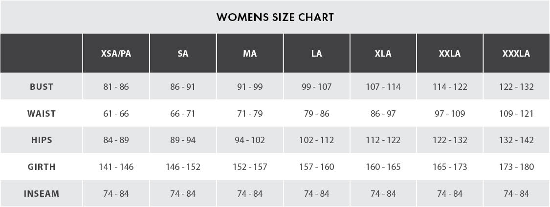 adult womens size chart centimeters