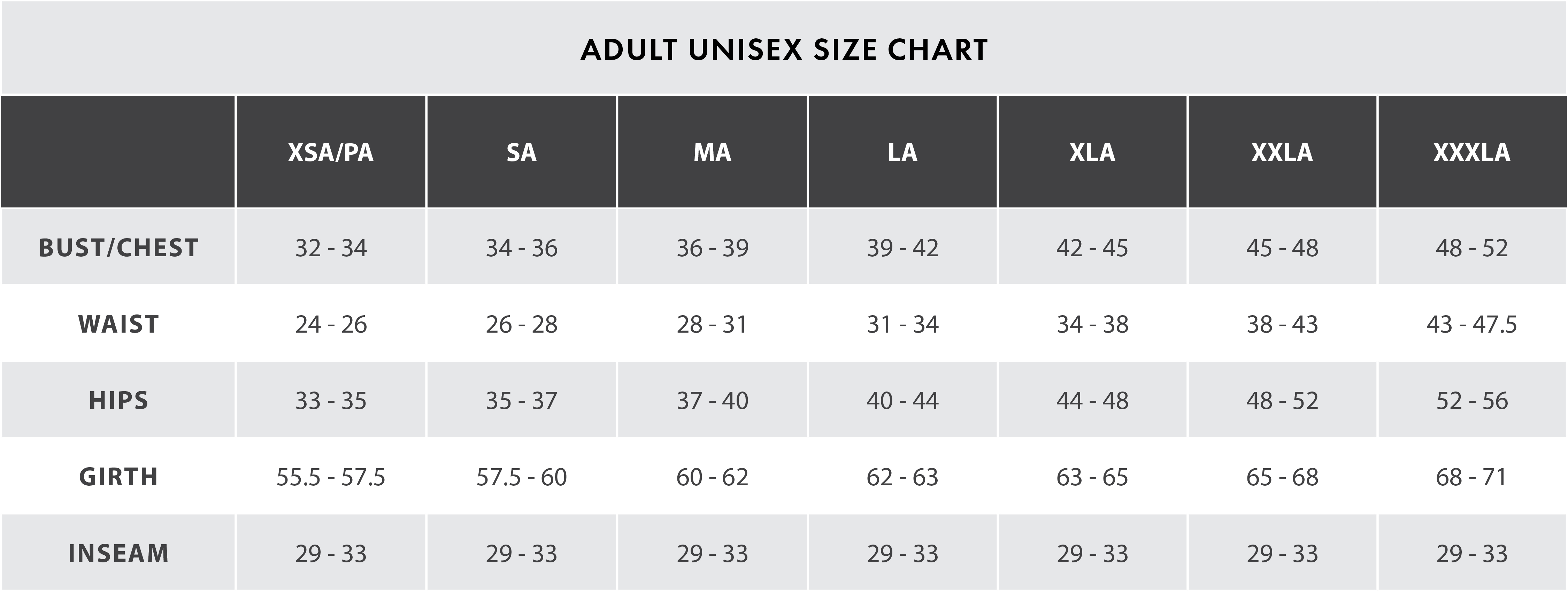 adult unisex size chart inches