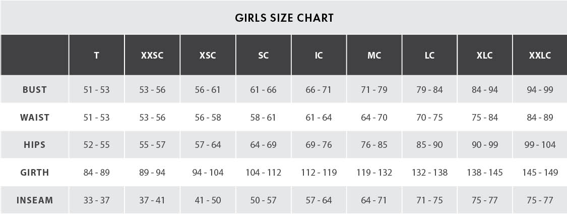 child girls size chart centimeters