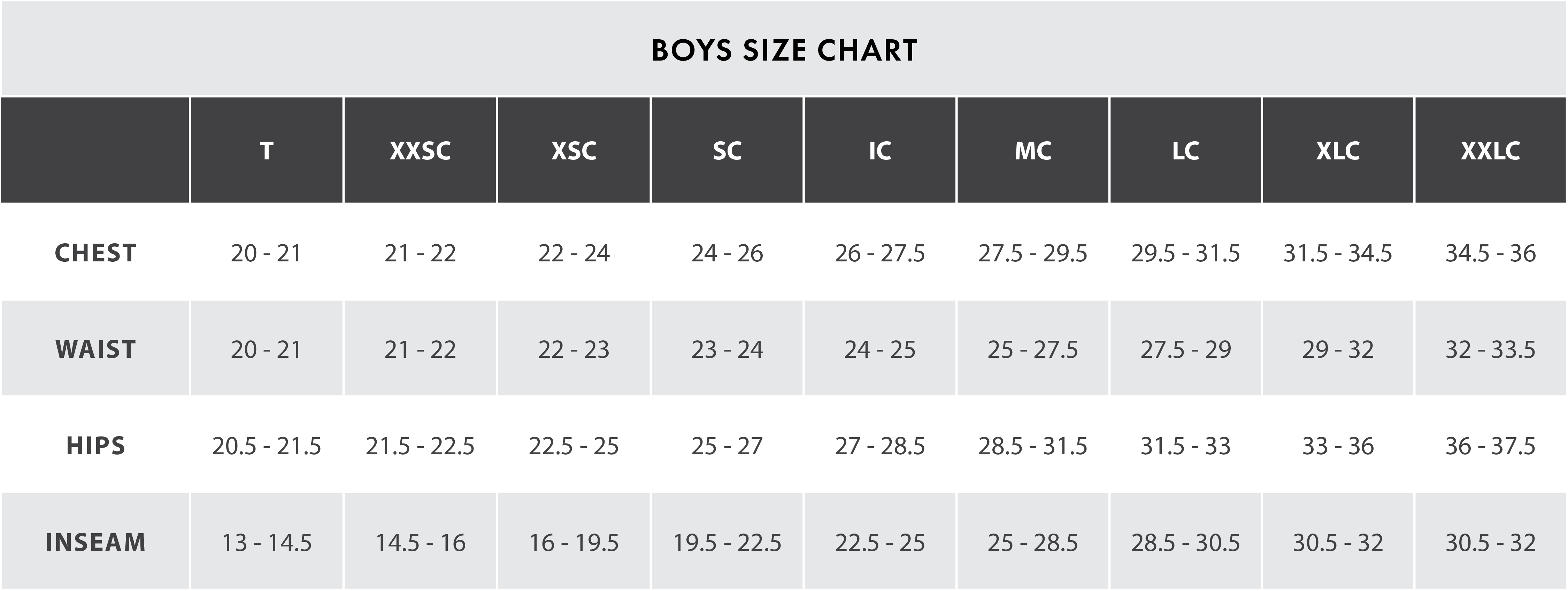 child boys size chart inches