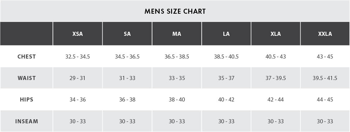 adult mens size chart inches
