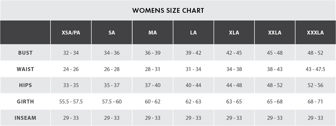 wts size chart womens in