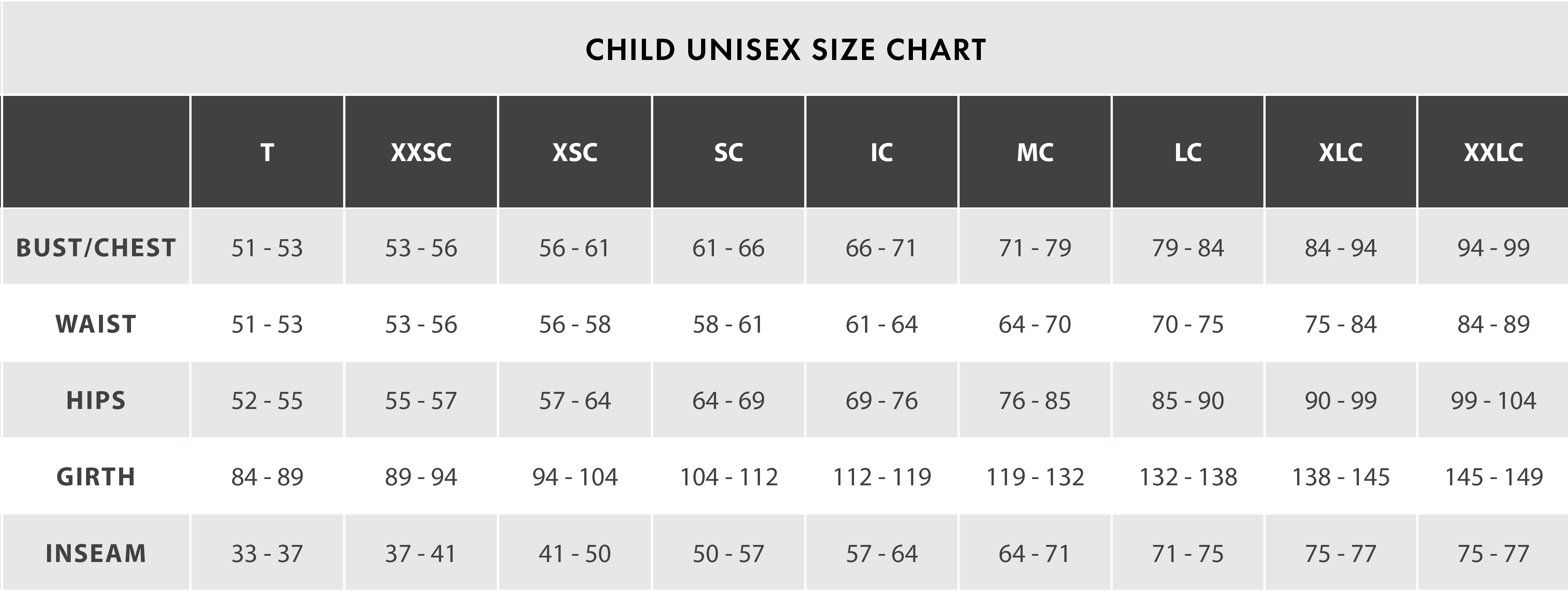 child unisex size chart centimeters